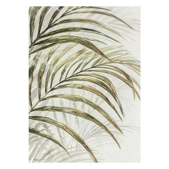 Lienzo Macro Hojas - Macro Hojas, An x Al: 50 x 70 cm - Una pintura a la acuarela con exuberantes hojas de palma tropical en suaves tonos verdes y marrones, que ofrece una estética tranquila y natural.