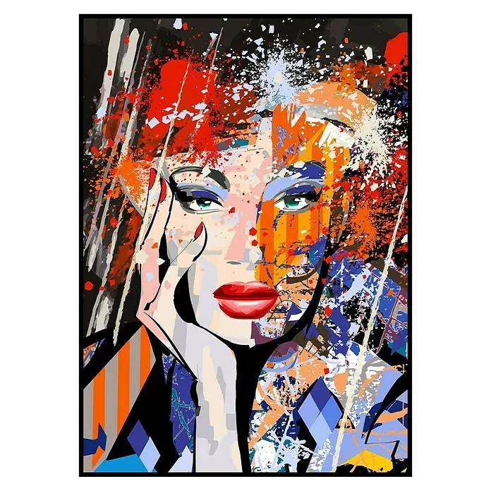 Lienzo Cara Pop Art - Cara Pop Art, An x Al: 50 x 70 cm - Retrato abstracto de una mujer con cabello rojo y ojos expresivos, una obra de arte colorida y moderna.
