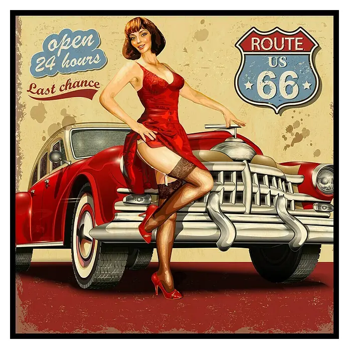 Cuadro Coche Vintage - An x Al: 40 x 40 cm, 1 pzs. - Una ilustración retro de estilo pin-up con un coche clásico, una mujer vestida de rojo y un cartel de la Ruta 66.