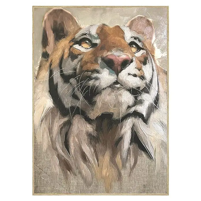 Lienzo Tigre - Tigre, An x Al: 50 x 70 cm - Pintura de un tigre en colores cálidos con atención al detalle y expresión. La obra captura la belleza y la ferocidad del animal.