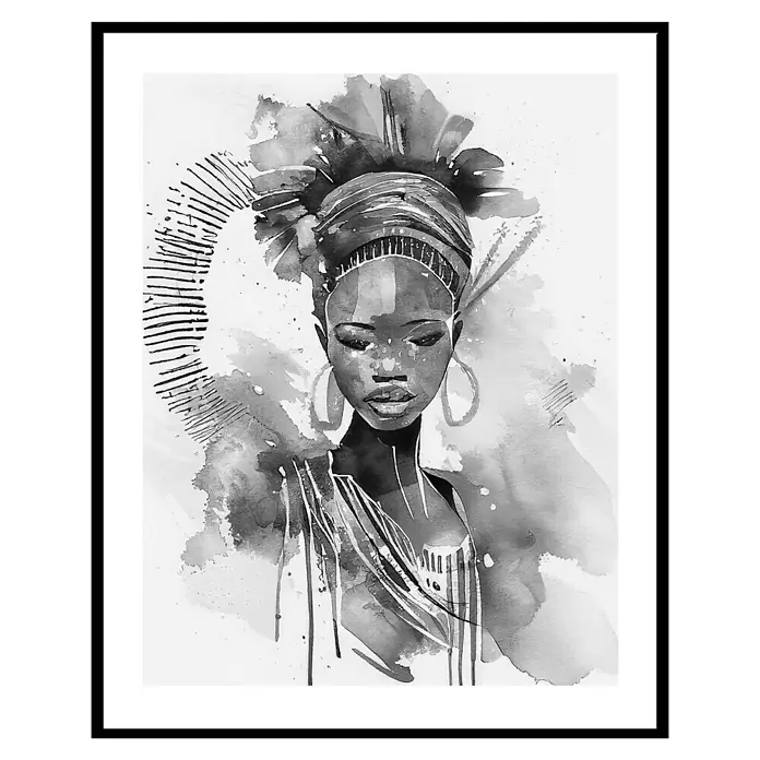 Cuadro Africana frontal - An x Al: 40 x 50 cm, 1 pzs. - Retrato en acuarela de una mujer con tocado y aretes, mostrando el arte tradicional africano de una manera decorativa.
