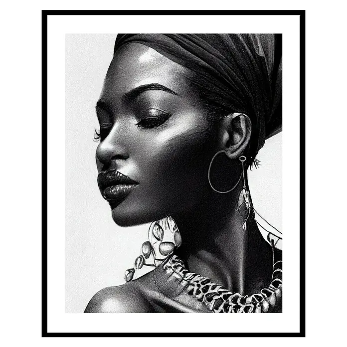Cuadro Africana perfil - An x Al: 40 x 50 cm, 1 pzs. - Impresionante foto en blanco y negro de una mujer con turbante y joyas, que muestra elegancia y estilo.