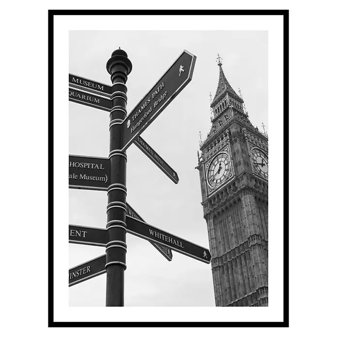 Cuadro Calles London - An x Al: 30 x 40 cm, 1 pzs. - Vista en blanco y negro del Big Ben y un letrero en Londres, que indica lugares de interés histórico.