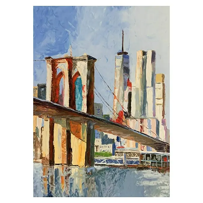 Lienzo Brooklyn - Brooklyn, An x Al: 50 x 70 cm - Pintura al óleo del puente de Brooklyn y el World Trade Center en un estilo impresionista audaz que muestra los lugares emblemáticos de la ciudad de Nueva York.