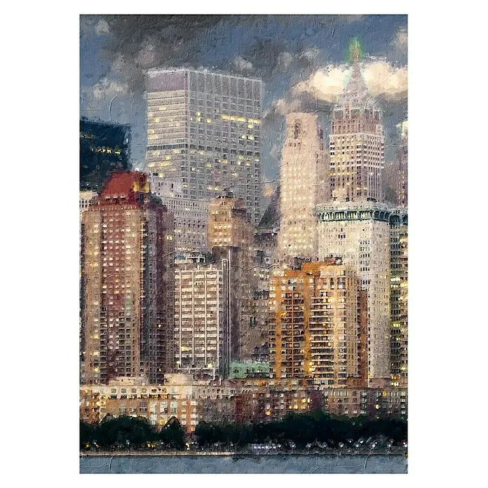 Lienzo Camino playa - Camino playa, An x Al: 50 x 70 cm - Skyline de la ciudad de Nueva York por la noche, un efecto de pintura al óleo añade un toque artístico al paisaje urbano.\n