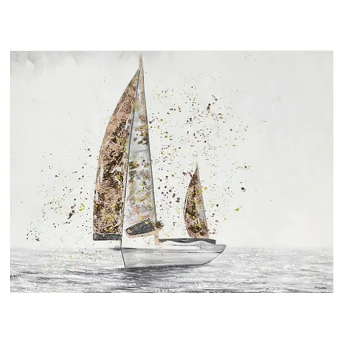 Armario de contadores Vela - Vela, 50 x 35 cm - Pintura de un velero con detalles dorados en las velas, que representa una escena serena pero dinámica.