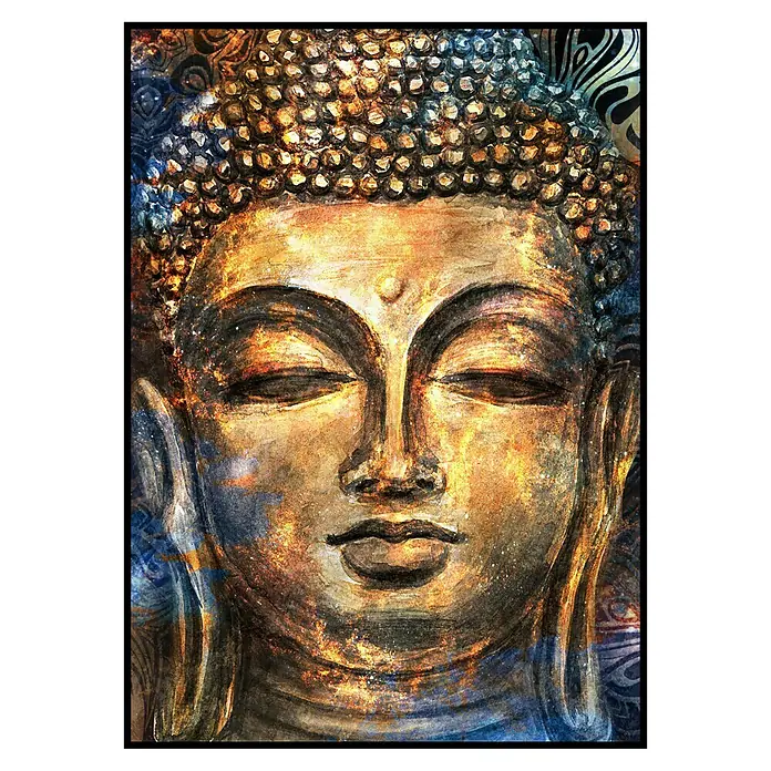Lienzo Buda ocre - Buda ocre, An x Al: 50 x 70 cm - Primer plano de una estatua de Buda con piel dorada, que irradia paz y sabiduría a través de sus ojos cerrados y rasgos serenos.