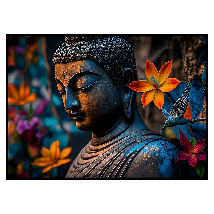 Lienzo Buda flores - Buda flores, An x Al: 50 x 70 cm - Estatua de Buda en entorno sereno, adornada con flores coloridas y un colibrí, promoviendo armonía espiritual y paz.