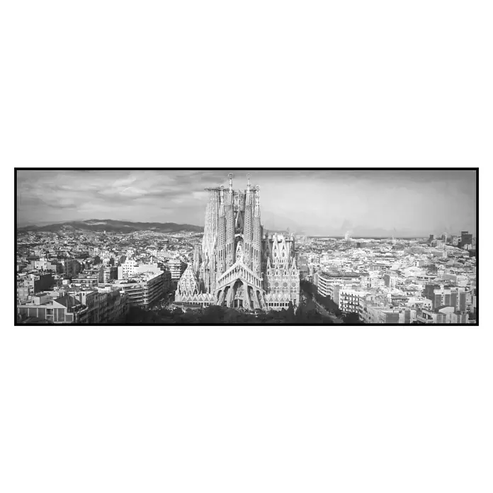 Lienzo Sagrada Familia B&N - Sagrada Familia B&N, An x Al: 120 x 40 cm - La Sagrada Familia se alza imponente en medio de Barcelona, una impresionante obra maestra arquitectónica que domina el horizonte.