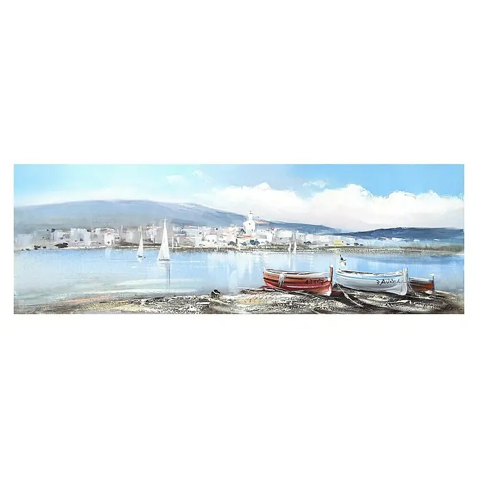 Cuadro Cadaqués - Cadaqués, An x Al: 120 x 40 cm, 1 pzs. - La pintura al óleo muestra barcos costeros, con un pueblo costero tranquilo al fondo, capturando un encanto sereno.