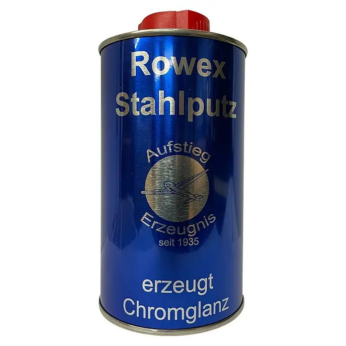 Herdputzmittel - 375 ml, Einsatzbereich: Stahlherdplatten - Rowex Stahlputz in blauer Dose mit rotem Deckel. Für glänzenden Chrom, seit 1935.