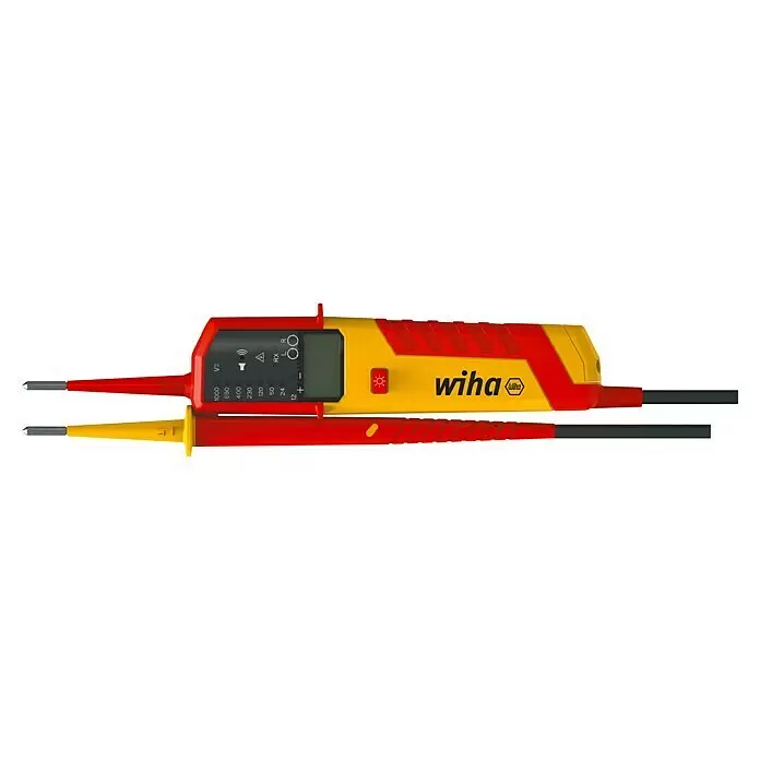 Wiha Spannungsprüfer & Durchgangsprüfer eMobility 44319 - Messbereich Wechselspannung: 12 V - 1.000 V, Messbereich Gleichspannung: 12 V - 1.500 V - Roter und gelber zweipoliger Spannungsprüfer mit Prüfspitzen und Display.