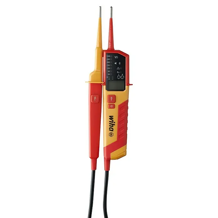 Wiha Spannungsprüfer & Durchgangsprüfer 45217 - Messbereich Wechselspannung: 0,5 V - 1.000 V, Messbereich Gleichspannung: 0,5 V - 1.500 V - Ein Wiha zweipoliger Spannungsprüfer in Gelb und Rot mit Messspitzen und Digitalanzeige zur sicheren Spannungsprüfung.