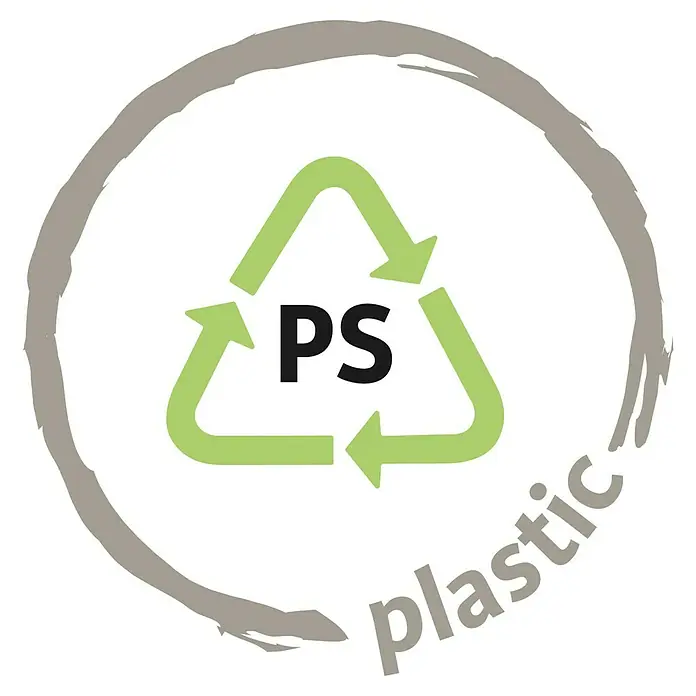 Scheurich Gießkanne Lilly - Matt Green, 1,5 l - Symbol für PS-Kunststoffrecycling mit grünem Dreieckspfeil und grauer Umrandung. Kennzeichnung zur korrekten Entsorgung von Polystyrol.