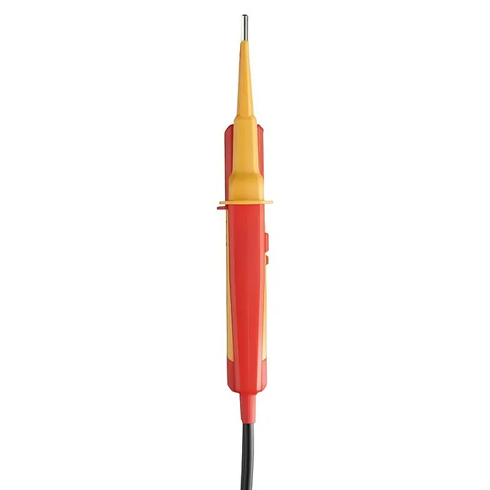 Wiha Spannungsprüfer & Durchgangsprüfer 45216 - Messbereich Wechselspannung: 12 V - 1.000 V, Messbereich Gleichspannung: 12 V - 1.500 V - Ein roter und gelber Spannungsprüfer mit einer schwarzen Schnur, isoliert auf einem schwarzen Hintergrund.