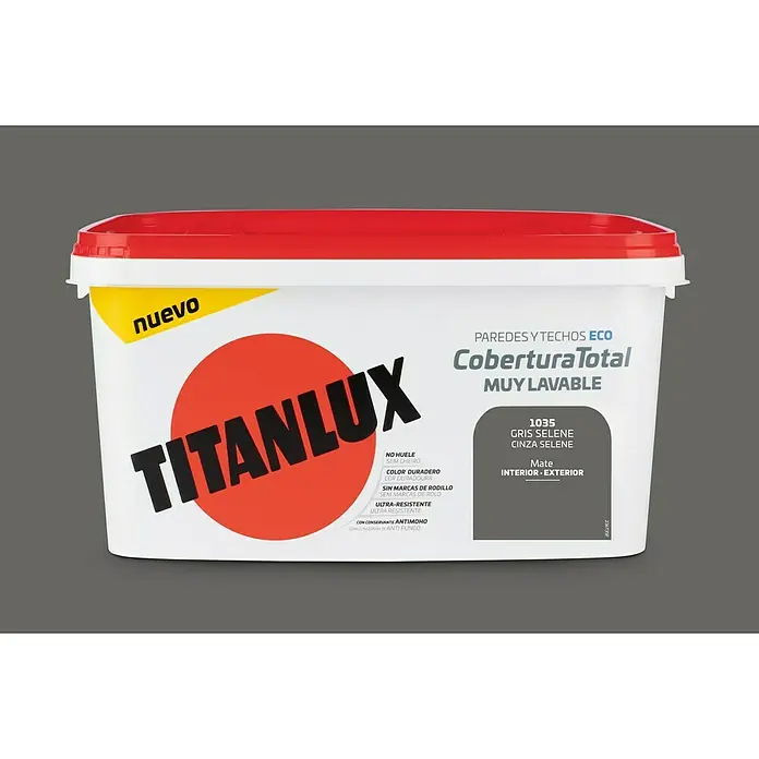 Titan Pintura para paredes Cobertura total - Gris selene, Mate, 4 l - Imagen de un cubo de pintura Titanlux "Cobertura Total" en Gris Selene, apto para paredes y techos interiores y exteriores.