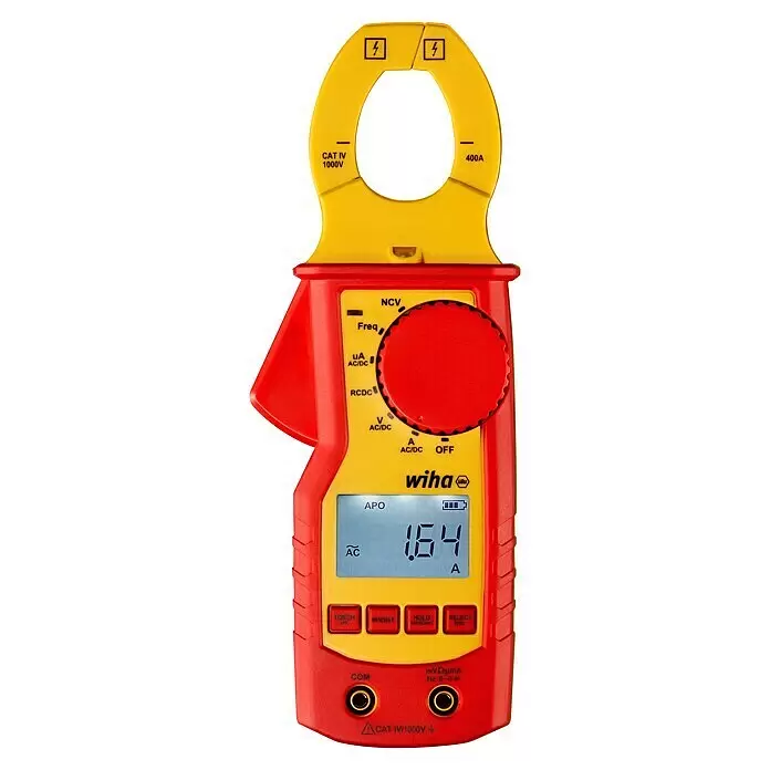 Wiha Stromzange 45219 - Messkategorie: CAT IV 1.000 V - Rotes und gelbes Wiha-Zangenmessgerät, ein elektrisches Messgerät, mit Digitalanzeige und Drehregler.