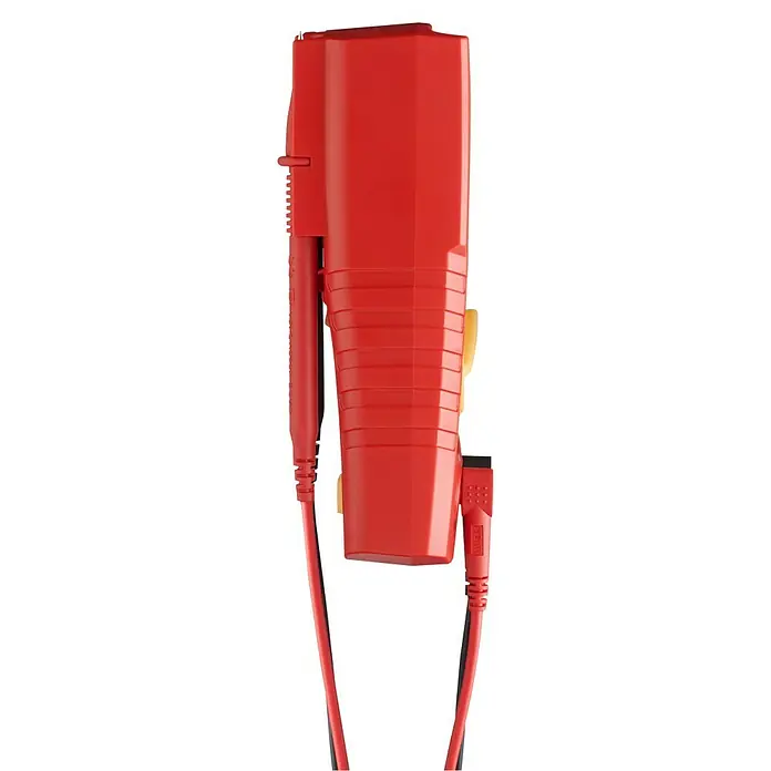 Wiha Digital-Multimeter 45218 - Messbereich Wechselspannung: 0 V - 600 V, Messbereich Gleichspannung: 0 V - 600 V - Rotes Messgerät mit Kabeln und gelben Knöpfen für präzise Messungen in verschiedenen Anwendungsbereichen.