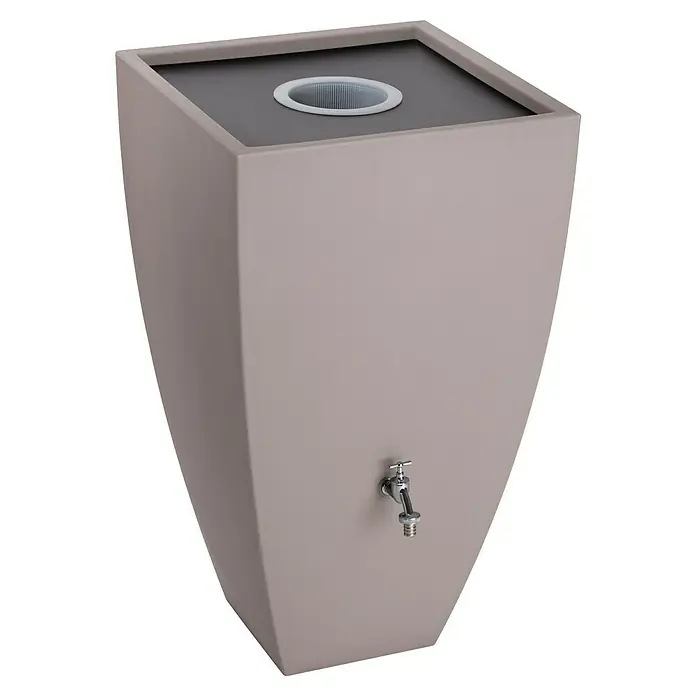 Arves Regenspeicher Modena - 200 l, Taupe - Elegante Regenspeicher-Säule in Taupe mit Hahn und integriertem Filter für die Regenwassernutzung im Garten. Stilvolle Wasserspeicherlösung.