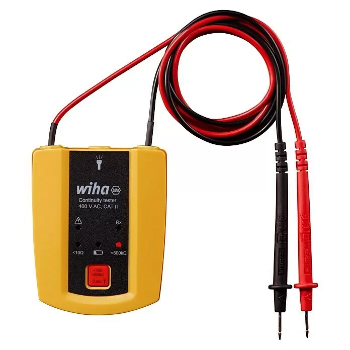 Wiha Durchgangsprüfer 45222 - Messbereich Widerstand: 0 Ω - 500 Ω - Gelber Wiha Durchgangsprüfer mit schwarzen und roten Messleitungen, zeigt elektrische Durchgangsanzeigen.