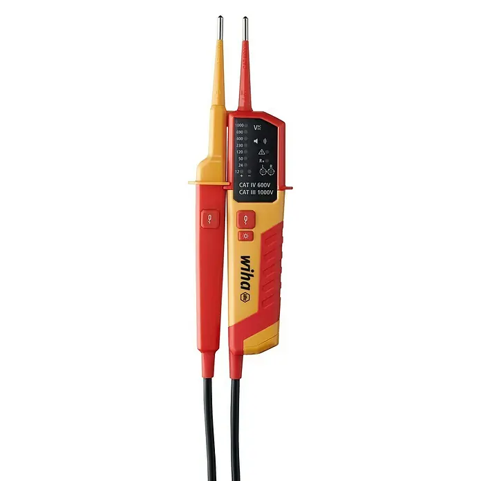 Wiha Spannungsprüfer & Durchgangsprüfer 45216 - Messbereich Wechselspannung: 12 V - 1.000 V, Messbereich Gleichspannung: 12 V - 1.500 V - Ein Wiha Spannungsprüfer in Gelb und Rot mit zwei Messspitzen und schwarzem Kabel, ideal für Elektriker und Handwerker.