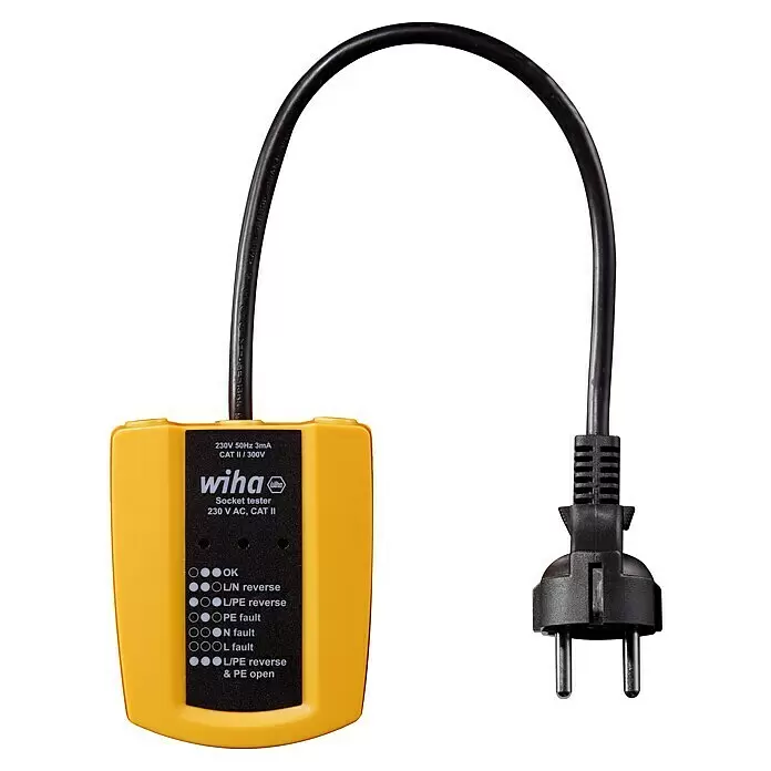 Wiha Steckdosentester 45220 - Nennspannung: 230 V, Messkategorie: CAT II 300 V - Gelber Wiha Steckdosentester mit schwarzem Kabel und Stecker zur Überprüfung von Steckdosen.