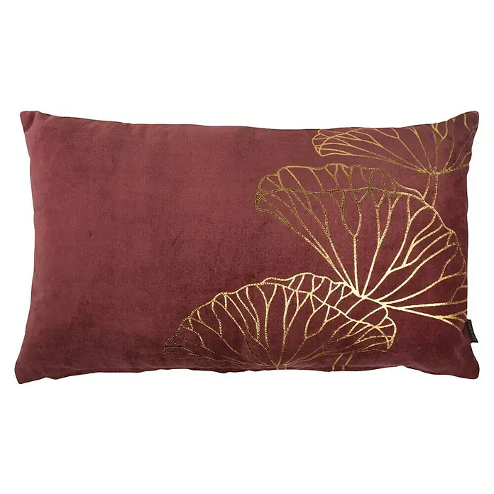 Kissen Sophie - Light Bordeaux, 50 x 30 cm, 100 % Baumwolle - Dekorative, bordeauxrote Samtkissen mit stilvollen, goldenen Blumenmotiven. Perfekt, um jedem Raum einen Hauch von Eleganz zu verleihen.