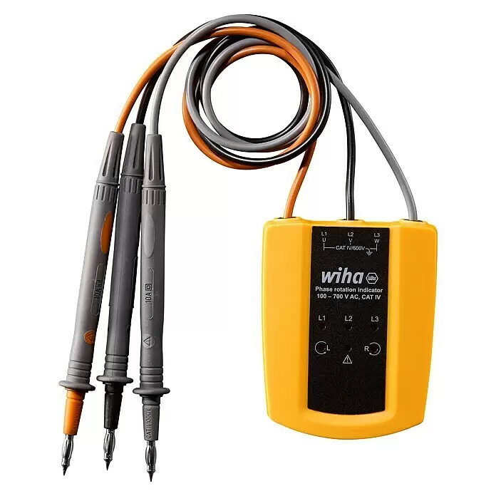 Wiha Phasen- & Drehfeldprüfer 45221 - Messkategorie: CAT IV 600 V - Gelber Wiha Phasenrotationsanzeiger mit drei grauen, schwarzen und orangefarbenen Messleitungen mit Prüfspitzen.