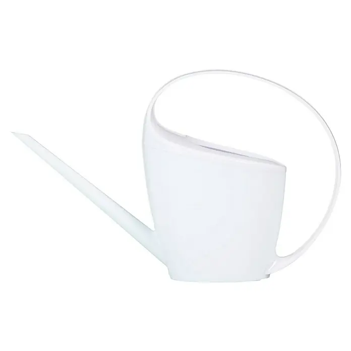 Scheurich Gießkanne Loop - White, 1,4 l - Diese Aufnahme zeigt eine weiße, stilvolle Gießkanne mit langem Auslauf und großem Griff, ideal für Zimmer- und Gartenpflanzen.