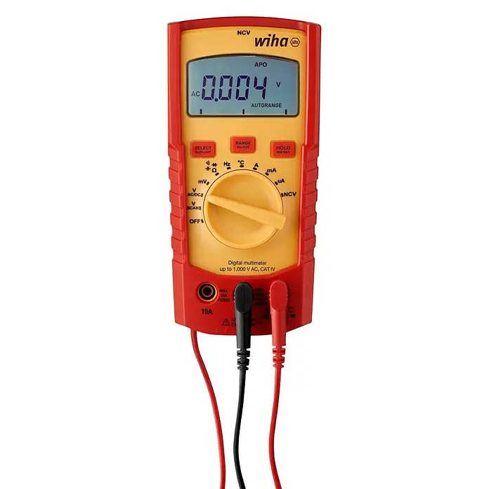 Wiha Digital-Multimeter 45215 - Messbereich Wechselspannung: 0 V - 1.000 V, Messbereich Gleichspannung: 0 V - 1.000 V - Das Wiha Digital-Multimeter, ein Werkzeug zur präzisen Spannungsmessung, mit roter und gelber Farbgebung, ideal für verschiedenste elektrische Anwendungen.
