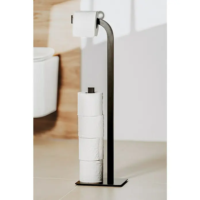 Camargue Toilettenpapierhalter Bellatrix - Höhe: 71,5 cm, Schwarz - Freistehender Toilettenpapierhalter aus dunklem Metall mit mehreren Rollen zur Aufbewahrung und einer Rolle zur Verwendung.