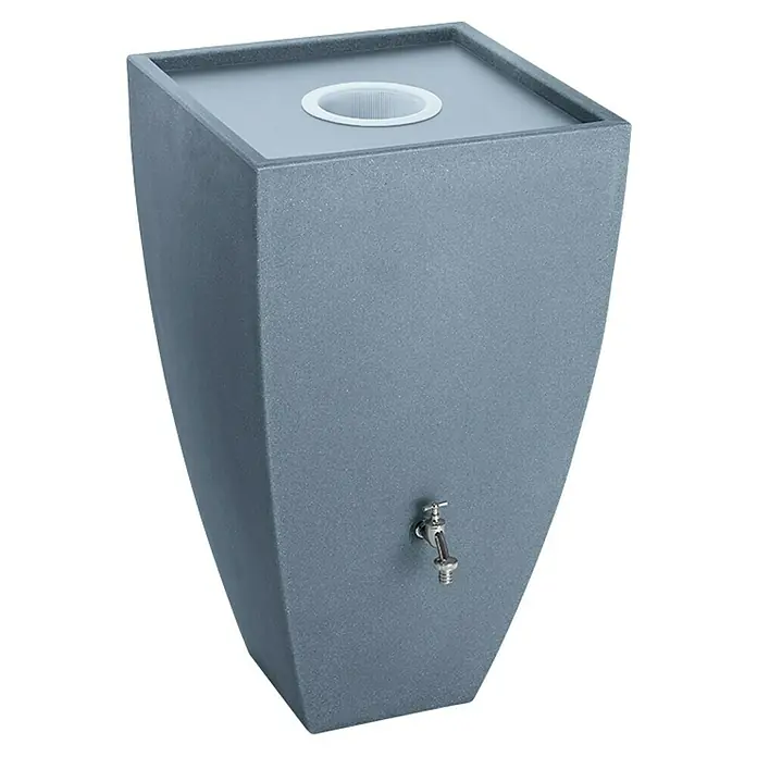 Arves Regenspeicher Modena - 200 l, Betongrau - Ein grauer, quaderförmiger Regenwassertank mit einem Wasserhahn und einem Einfüllloch auf der Oberseite, ideal für die Gartenbewässerung.