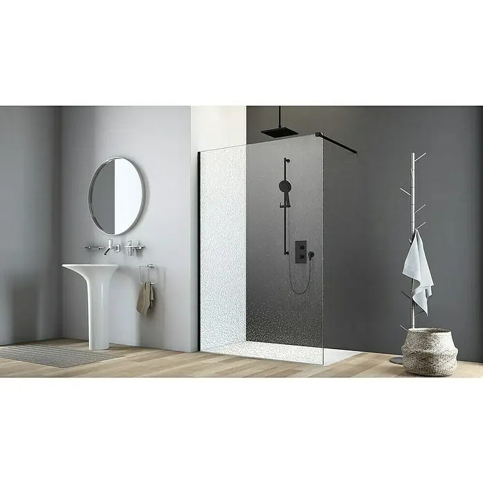 Camargue Vario Duschwand B64 - B x H: 95 x 200 cm, Beschichtet, Schwarz - Modernes Badezimmer mit Duschkabine aus Glas, Waschbecken mit Säule und runden Spiegel. Ein minimalistischer Look für ein stilvolles Badezimmer.