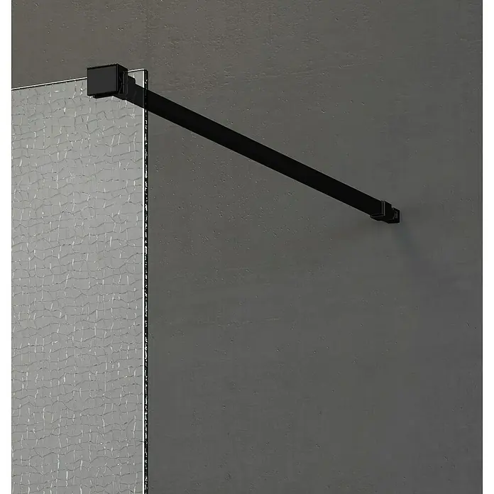 Camargue Vario Duschwand B64 - B x H: 95 x 200 cm, Beschichtet, Schwarz - Schwarze Duschwandhalterung mit einer Stange, die an einer grauen Wand befestigt ist, für eine moderne Badezimmergestaltung.