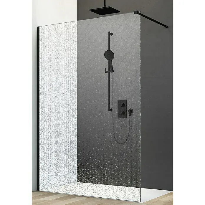 Camargue Vario Duschwand B64 - B x H: 95 x 200 cm, Beschichtet, Schwarz - Duschkabine mit strukturiertem Glas und schwarzen Armaturen. Modernes Design für ein stilvolles Badezimmer.