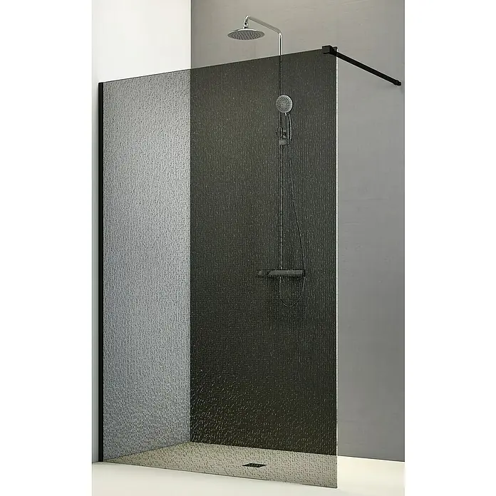 Camargue Vario Duschwand B65EG - B x H: 115 x 200 cm, Beschichtet, Grau/Schwarz - Duschkabine mit strukturierter Glaswand und moderner Duscharmatur in Silber und Schwarz für ein elegantes Badezimmerdesign.