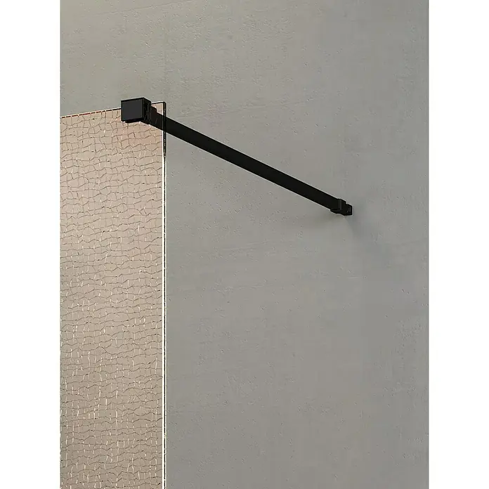 Camargue Vario Duschwand B65BR - B x H: 115 x 200 cm, Beschichtet, Bronze/Schwarz - Naheaufnahme einer stilvollen Glaswand mit schwarzer Halterung, die modernes Design und hochwertige Materialien vereint.