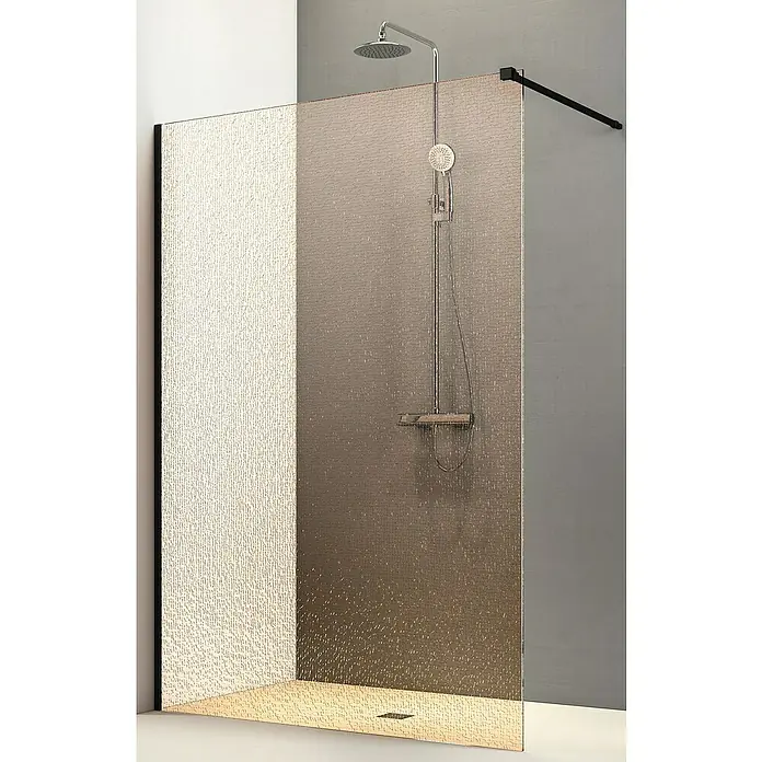Camargue Vario Duschwand B65BR - B x H: 115 x 200 cm, Beschichtet, Bronze/Schwarz - Duschkabine mit Strukturglas und Edelstahlarmatur. Das Design vereint Funktionalität mit einem Hauch von Eleganz für moderne Badezimmer.
