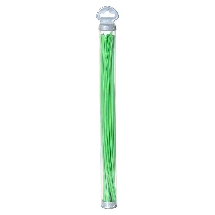 Ikra Ersatzfaden - Fadenlänge: 38 cm, Fadenstärke: 3,3 mm - Nahaufnahme einer transparenten Röhre gefüllt mit hellgrünen Rasentrimmerfäden mit einem Griff. Ideal für Gartenarbeiten und Landschaftspflege.