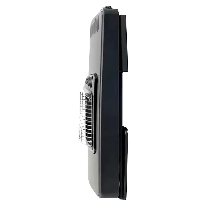 Fulmo Estufa de gas cerámica plegable - 4,2 kW, Negro - Un calefactor negro y elegante con una rejilla frontal y controles laterales, diseñado para un calor eficiente y que ahorra espacio.