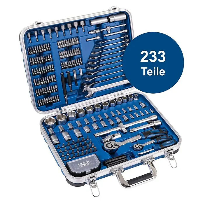 Scheppach Werkzeugkoffer TB235 - Kunststoff, 233 -tlg. - Werkzeugkoffer mit 233 Teilen. Der Koffer enthält eine Vielzahl von Werkzeugen für verschiedene Anwendungen, ideal für Profis und Heimwerker.
