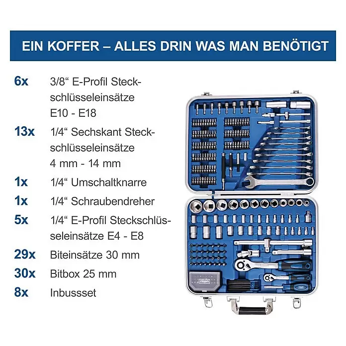 Scheppach Werkzeugkoffer TB235 - Kunststoff, 233 -tlg. - Ein offener silberner Werkzeugkoffer mit blauer Innenausstattung, gefüllt mit Steckschlüsseln, Ratschen, Bits und Inbusschlüsseln.