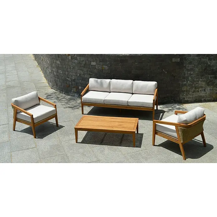 Sunfun Conjunto de muebles Anna - 4 pzs., Madera de acacia, Marrón - Atractivo conjunto de muebles de patio con sofá, dos sillas y mesa de centro, ideal para la relajación al aire libre.