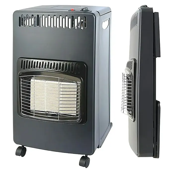 Fulmo Estufa de gas cerámica plegable - 4,2 kW, Negro - Estufa de gas portátil gris con rejilla de seguridad, ranuras de ventilación en la parte superior y ruedas.
