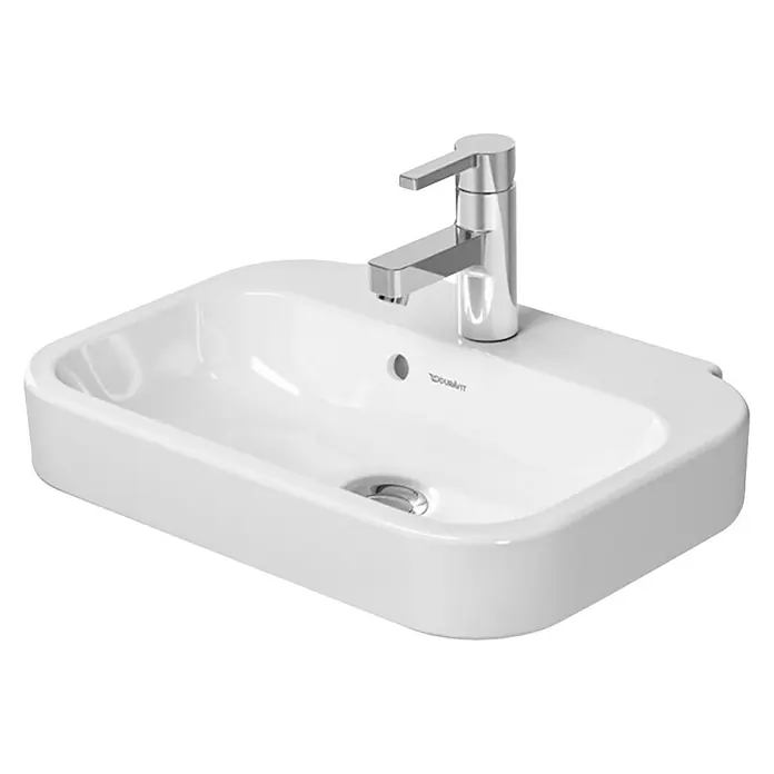 Duravit Happy D.2 Waschbecken - 50 x 36 cm, Ohne Spezialglasur, Hahnloch: Mitte, Mit Überlauf, Weiß - Ein elegantes, weißes Waschbecken mit einem modernen Chromhahn. Das Waschbecken ist ideal für ein stilvolles Badezimmerdesign.