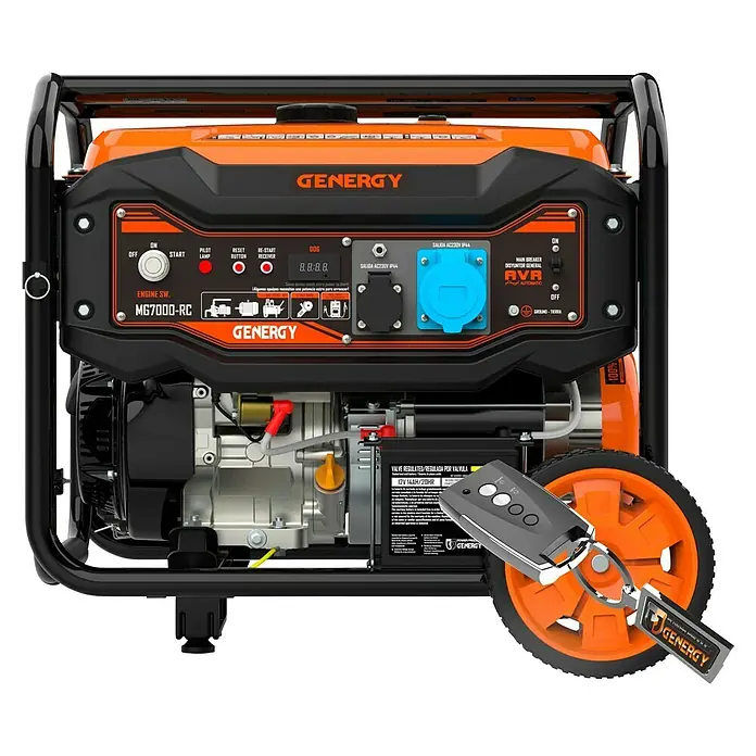 Genergy Generador MG7000 E-Start - 6,5 kW, Volumen del depósito: 21 l - Imagen de un generador Genergy MG7000-RC con control remoto, ideal para energía en movimiento.