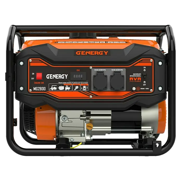 Genergy Generador MG2800 - 2,5 kW, Volumen del depósito: 13 l - Generador Genergy MG2800 naranja con marco negro, asegurando energía fiable durante apagones y suministro eléctrico estable.