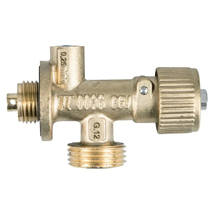 Talamex Gasflaschenventil - Geeignet für: Gasflaschen mit DIN/KOMBI-Ausgang, Mit Überdruckventil - Messing-Dreiwegeventil mit Gewindeanschlüssen für Sanitäranwendungen, ideal für die Installation in Heizungs- und Kühlsystemen.