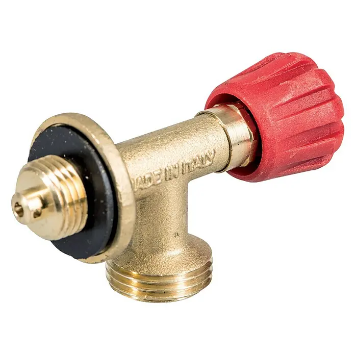 Talamex Gasflaschenventil - Geeignet für: Gasflaschen mit DIN/KOMBI-Ausgang, Ohne Überdruckventil - Nahaufnahme eines Gasreglers aus Messing mit rotem Griff und der Aufschrift "Made in Italy".