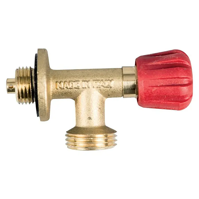 Talamex Gasflaschenventil - Geeignet für: Gasflaschen mit DIN/KOMBI-Ausgang, Ohne Überdruckventil - Nahaufnahme eines Gasventils aus Messing mit rotem Griff, das für Gasinstallationen verwendet wird.